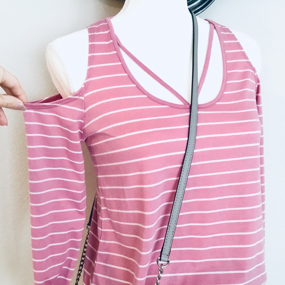 Pink & white Striped cold shoulder top - Picture 2 of 8
